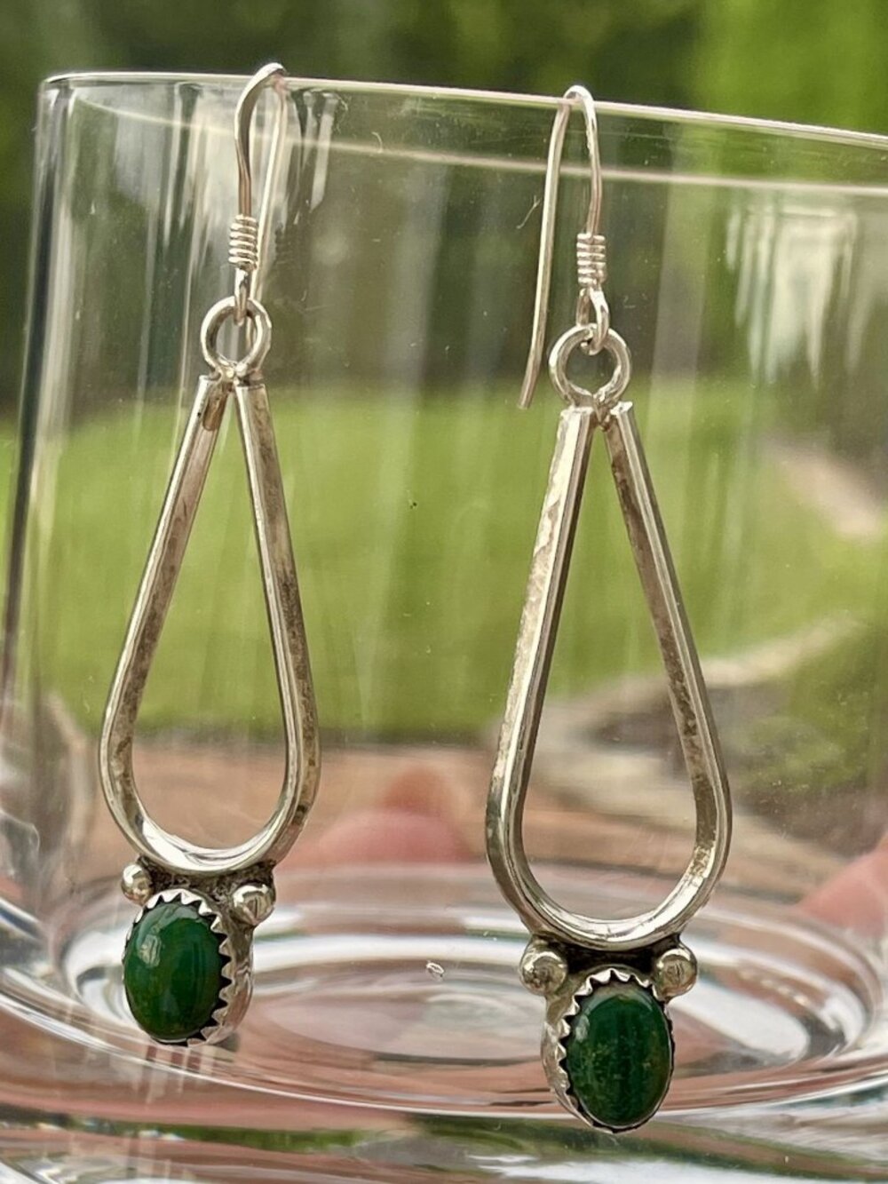 Vintage Sterling Silver Green Jade Teardrop Dangle Earrings - Picture 2 of 5